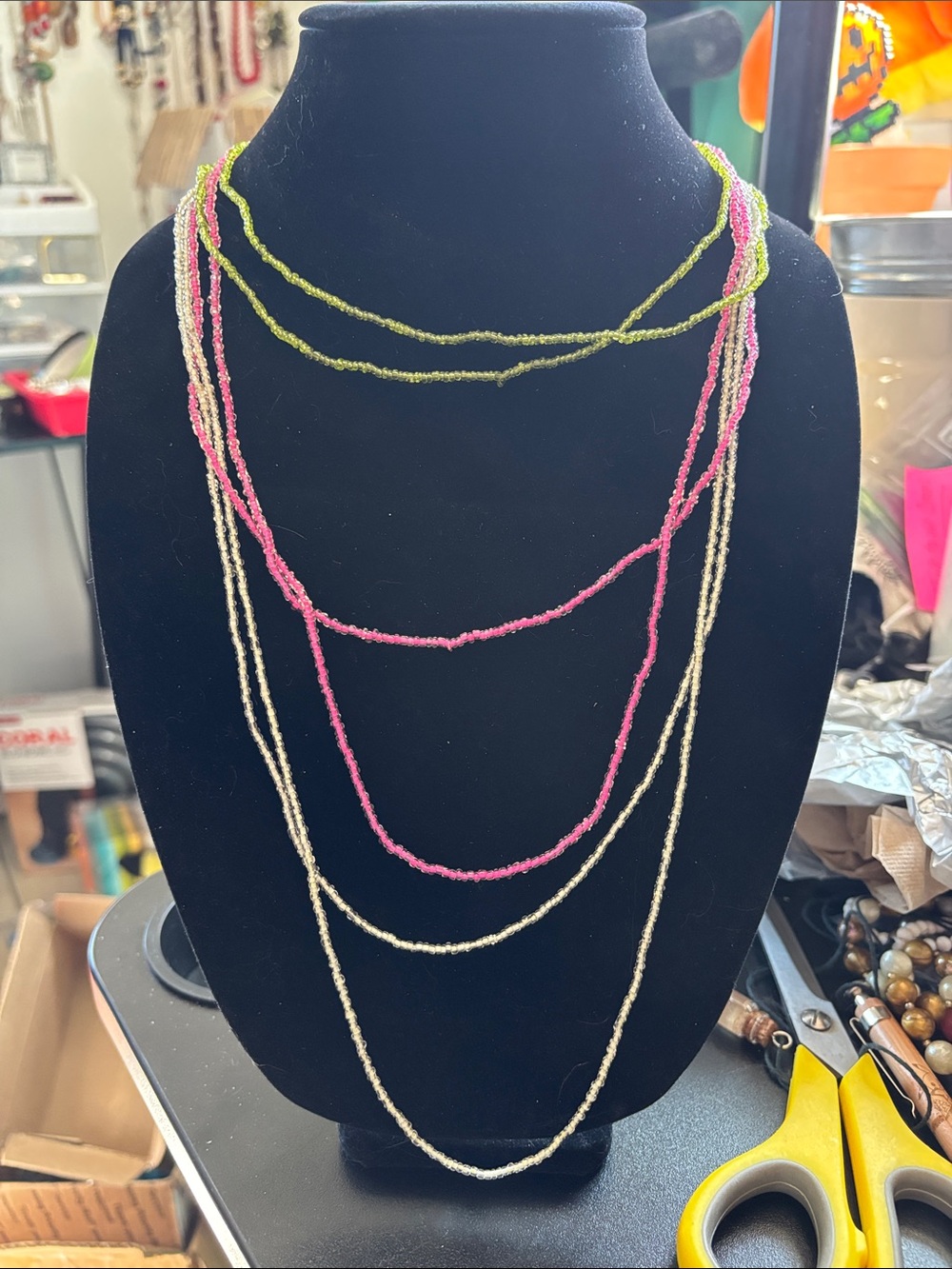 Multi-Strand Pink, Lime and Ivory Beaded Necklace - Brand Unspecified
